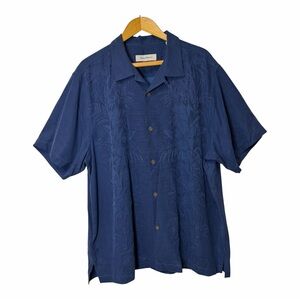 Tommy Bahama Silk Camp Shirt XL Blue Jacquard Hawaiian Palm Tropical Button Down